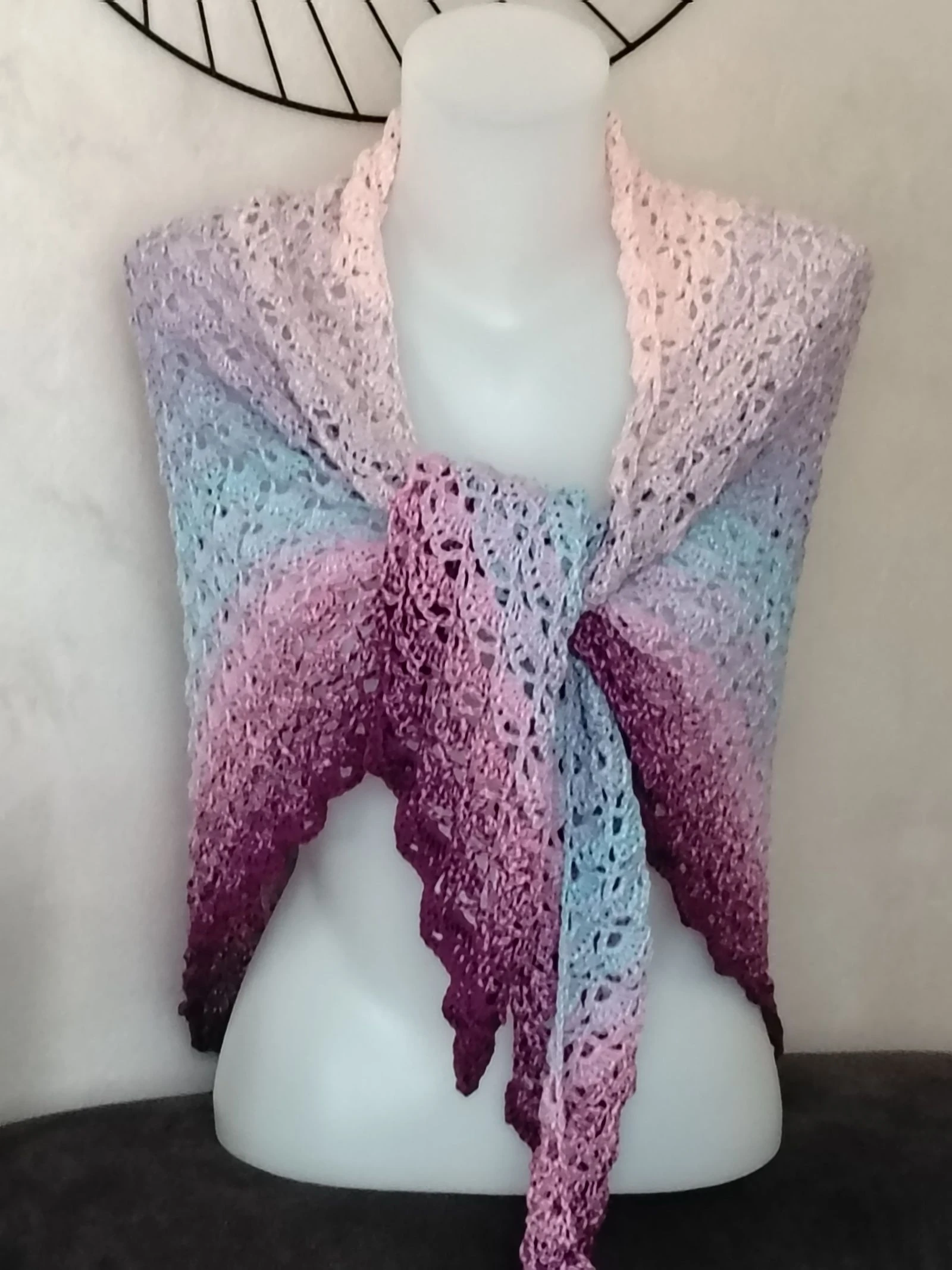 Large handmade summer shawl — Powder pink, sky blue & lilac gradient – photo 5